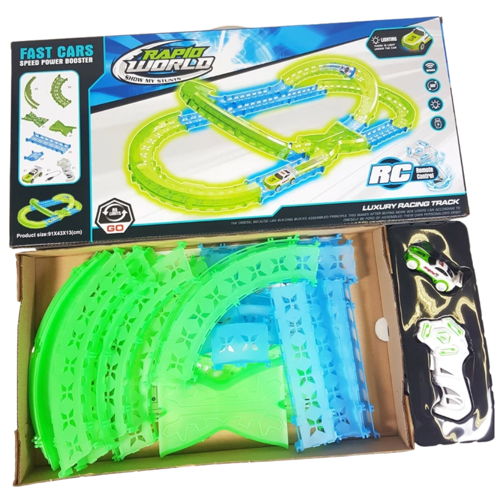 Glow in the Dark Stunt Race Track Set 31 Piece Rc Remote Control Car Kids Gift Toy Set