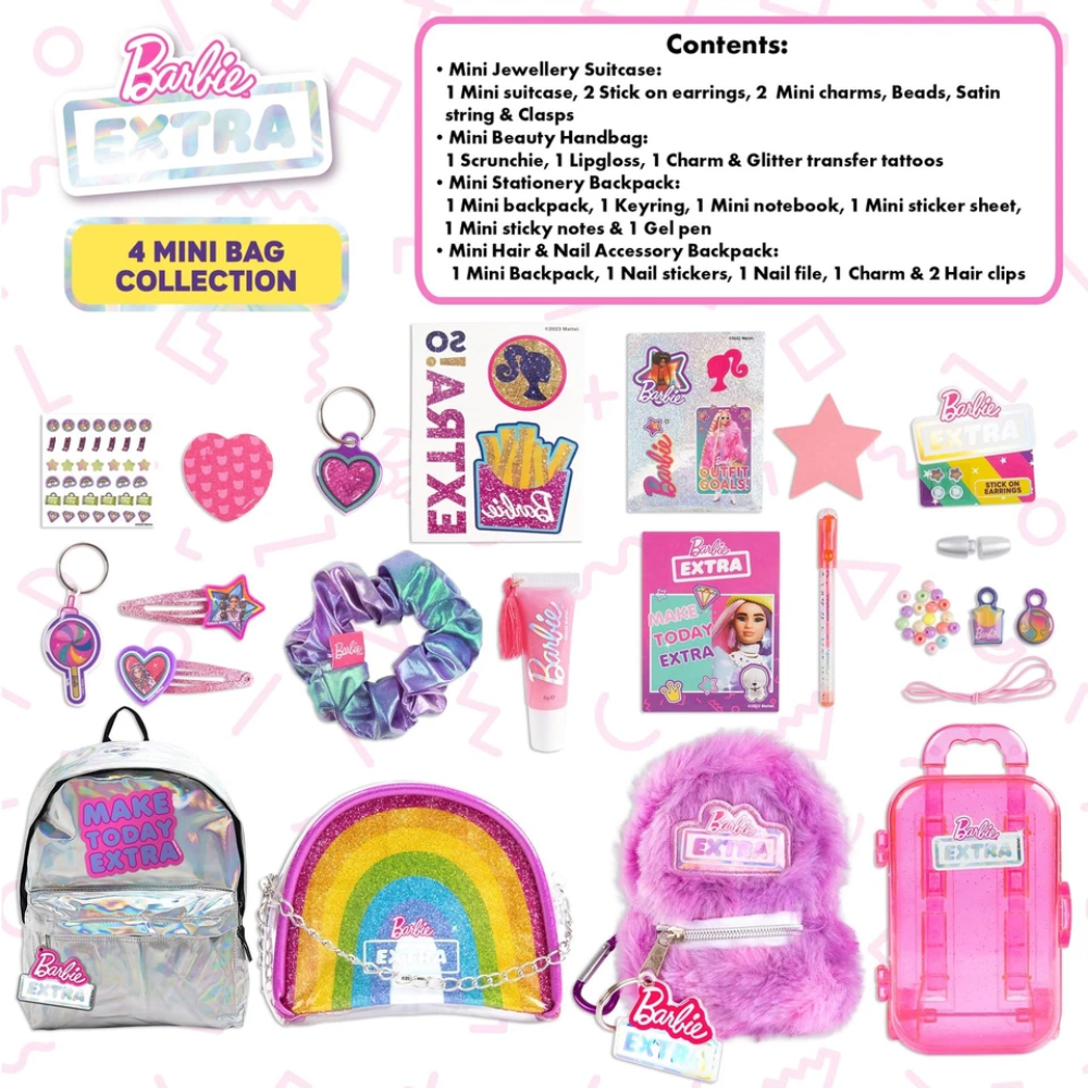 Barbie Mini Bag Set 4 Pack With Hair Clips Lip Gloss Nail Stickers Girls Gift Accessories