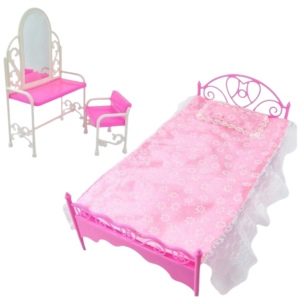 Plastic Doll Furniture Set Bed Dressing Table & Soft Sofa Pink
