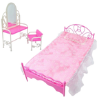 Plastic Doll Furniture Set Bed Dressing Table & Soft Sofa Pink