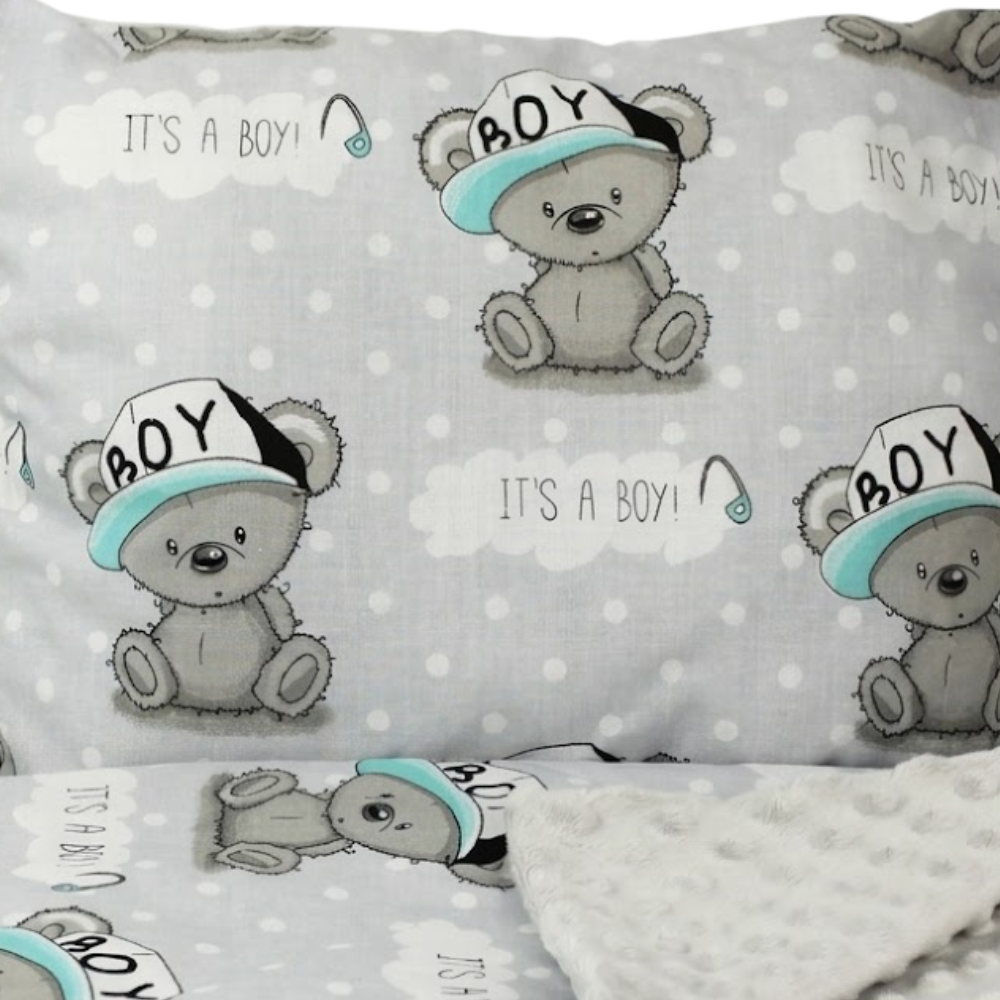 Grey Teddy Bear Baby Blanket and Pillow Set Cotton Minky Bedding for Pram and Crib