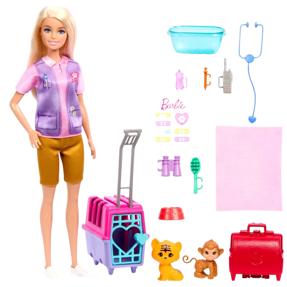 Barbie Careers Animal Rescue Vet Doll Playset Blonde Doll Pet Tiger Monkey 12 Accessories 3+