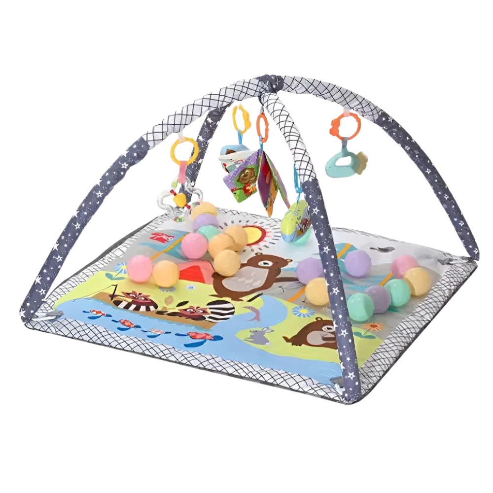 RLS Grey Baby Activity Gym Play Mat with Safety Net, 5 Hanging Toys and 18 Ocean Balls