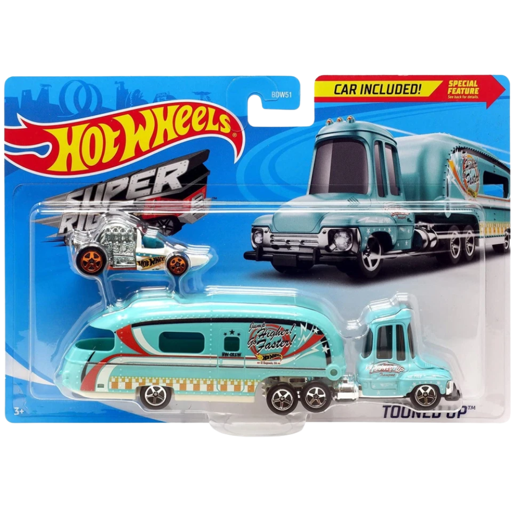 Hot Wheels Super Rigs Tooned Up Hauling Truck with 1:64 Scale Car Mattel Kids Toy