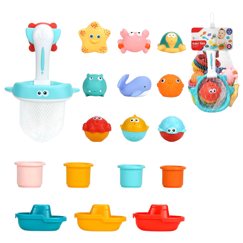 Baby Bath Toy Set 24pcs with Fishing Net and Floating Sea Animals for Fun Water Play