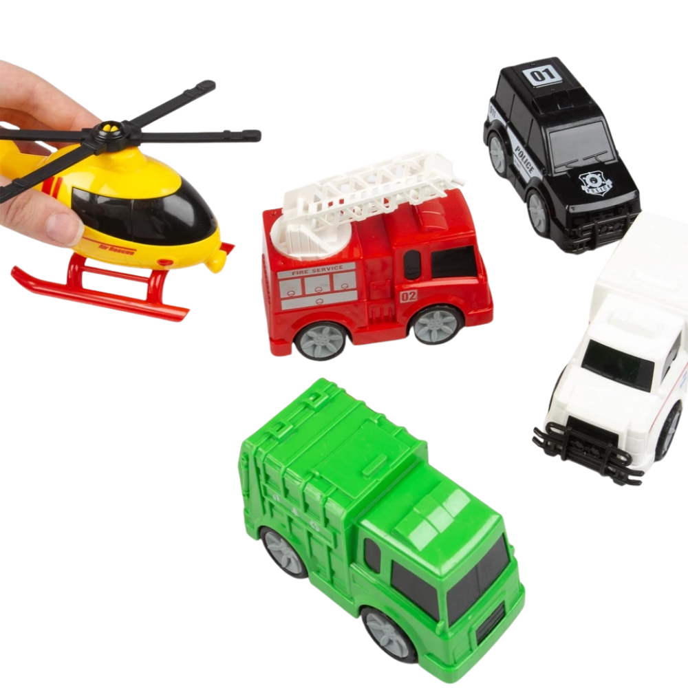 Abeec Emergency Vehicles Toy Set 5 Pack Police Fire Ambulance Helicopter Bin Lorry Pretend Play 3+