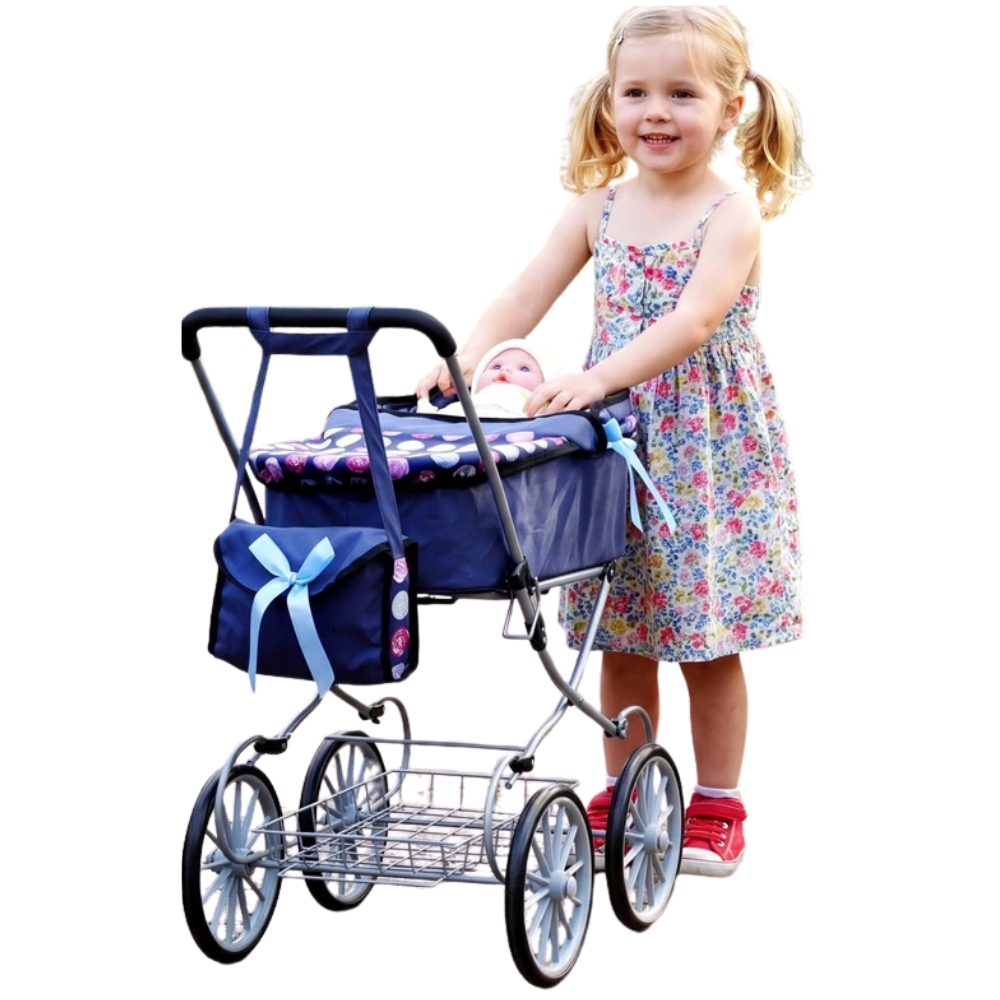 Bibi Doll Cambridge Baby Doll Pram Blue Pushchair with Carry Bag Basket Folding Frame 3+