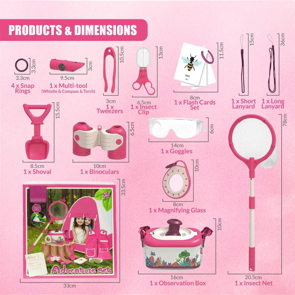 Kids Adventure Kit Pink Tent Costume Bug Catcher Binoculars Magnifying Glass Nature Set Toy