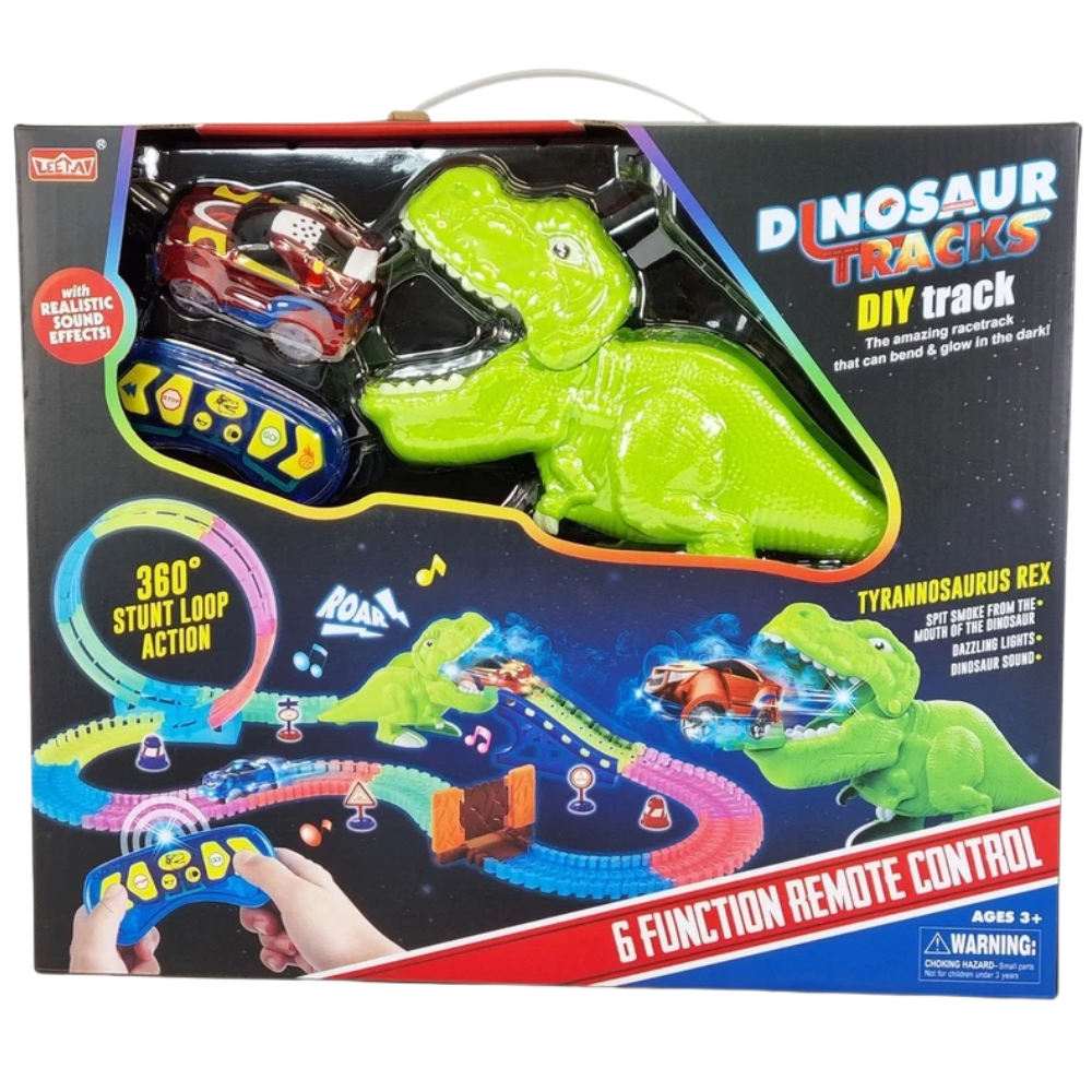 Glow in the Dark Dinosaur Slot Car Race Track Set 143 Piece T-Rex Smoking Stunt Kids Toy