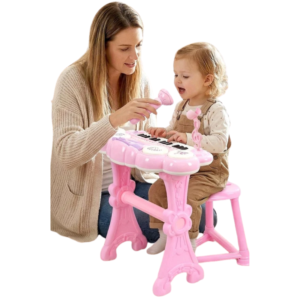 Kids Pink Piano Keyboard with Microphone Stool Record Playback Musical Toy Set 24 Key Fun