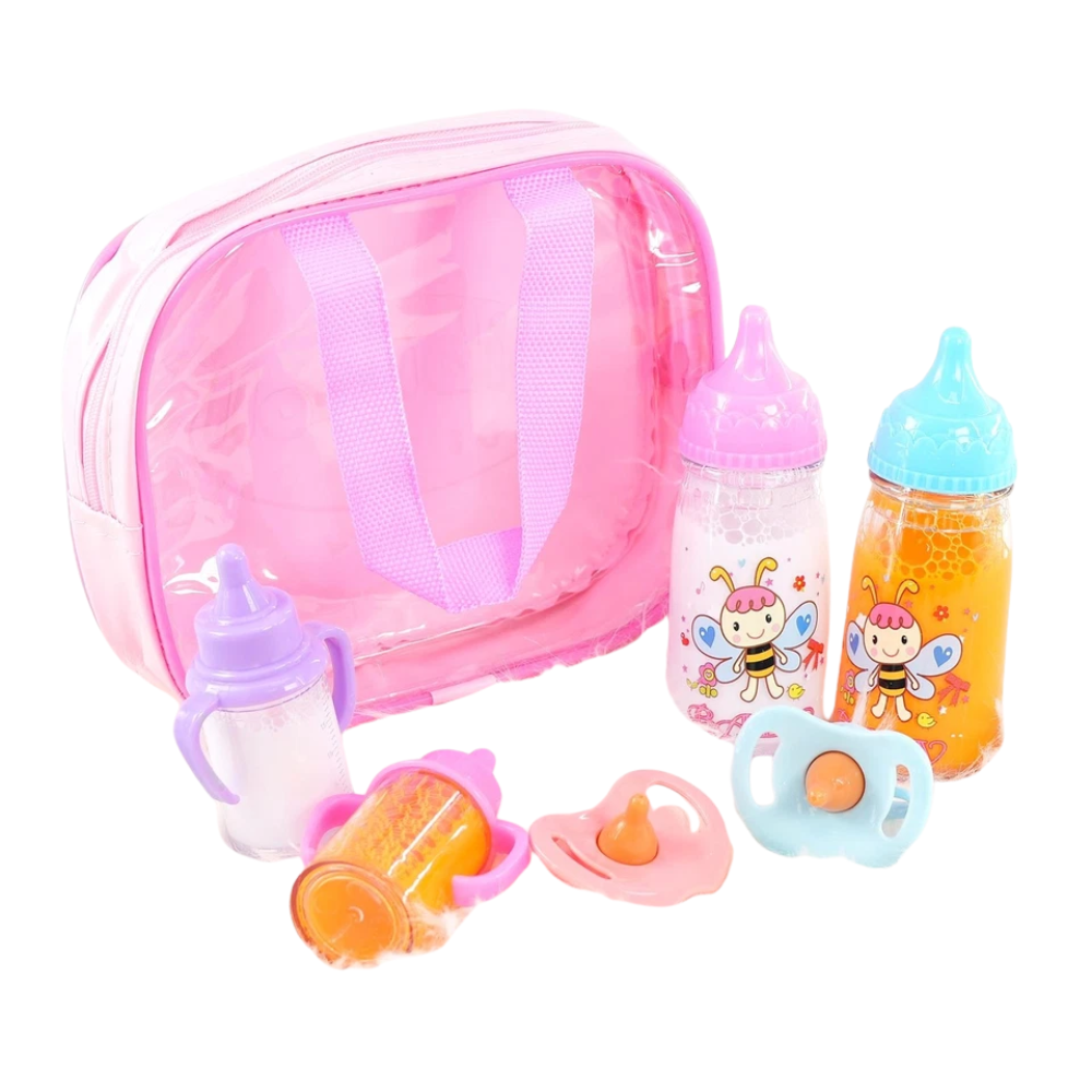 BiBi Doll 7-in-1 Baby Doll Accessories Set Magic Milk Juice Bottles Dummies Carry Bag