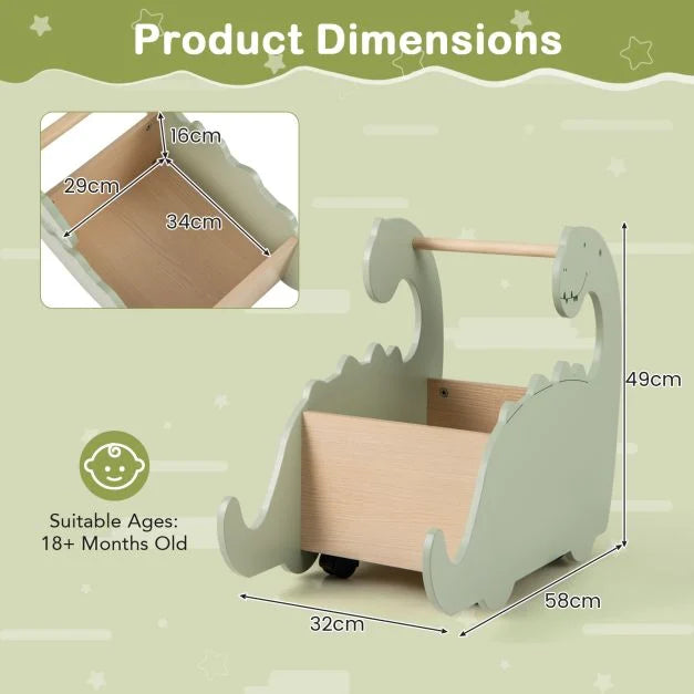 2-in-1 Wooden Baby Push Walker & Toddler Shopping Cart with Pine Wood Handle