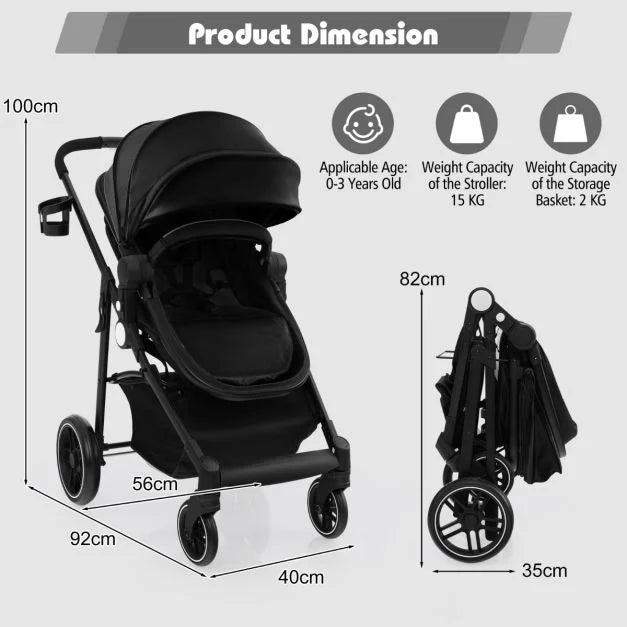 2-in-1 High Landscape Stroller with Reversible Seat, Adjustable Backrest & Canopy