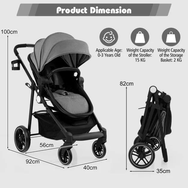 2-in-1 High Landscape Stroller with Reversible Seat, Adjustable Backrest & Canopy