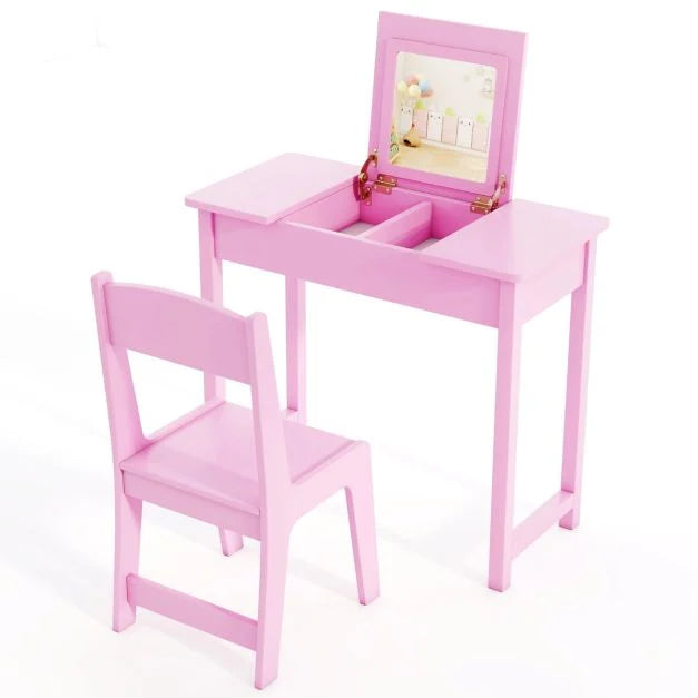 Kids 2-in-1 Vanity Table & Chair with Flip Mirror and Hidden Storage
