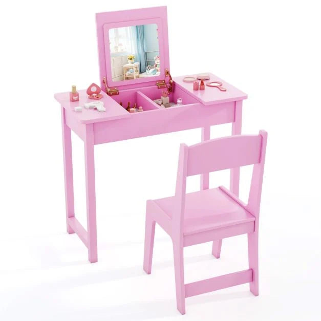 Kids 2-in-1 Vanity Table & Chair with Flip Mirror and Hidden Storage