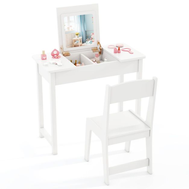 Kids 2-in-1 Vanity Table & Chair with Flip Mirror and Hidden Storage