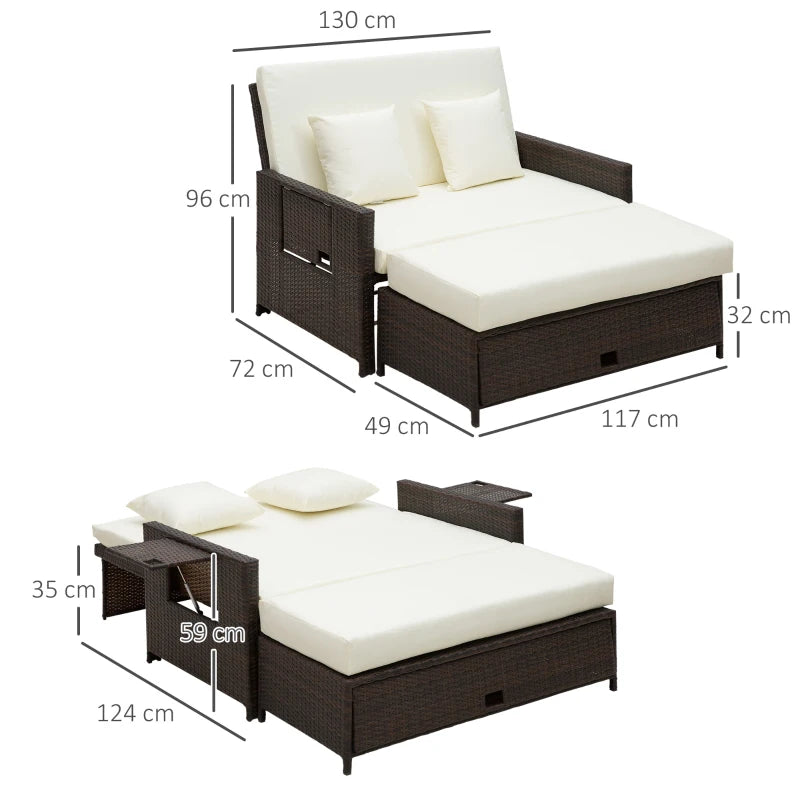 Rattan Sun Lounger 2-Seater Day Bed – Outdoor Patio Garden Furniture, Brown