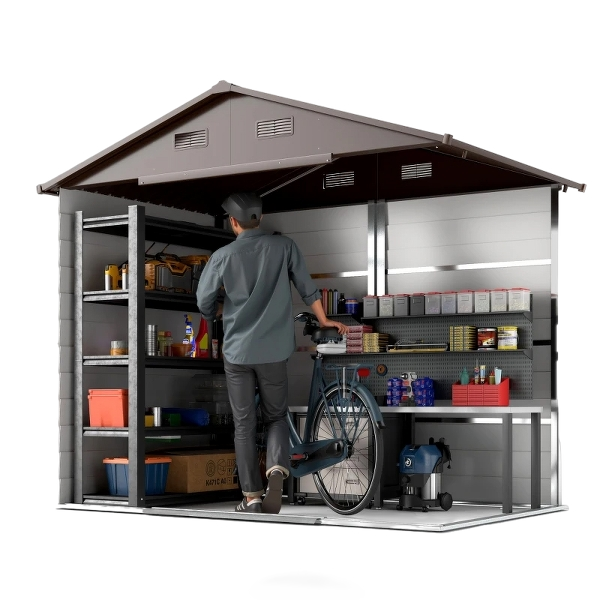 Galvanised Steel Garden Shed with Brown Wood-Effect Finish, Durable & Weather-Resistant, 6x8ft