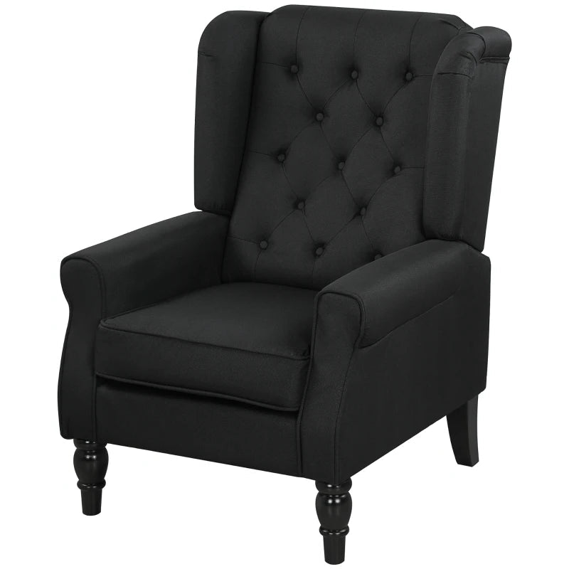 Linen Retro Wingback Chair – Black Tufted Accent Armchair with Wood Frame