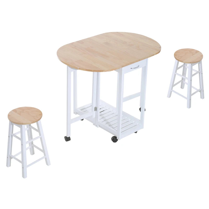 Mobile Dining Table Set with 2 Stools, Foldable, Storage & Wheels
