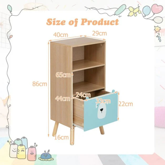 Wooden 3-Tier Kids Storage Shelf with Storage Drawer