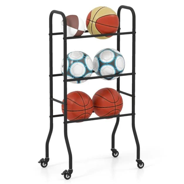 Basketball Rack 3-Tier with Metal Frame and 4 Universal Wheels