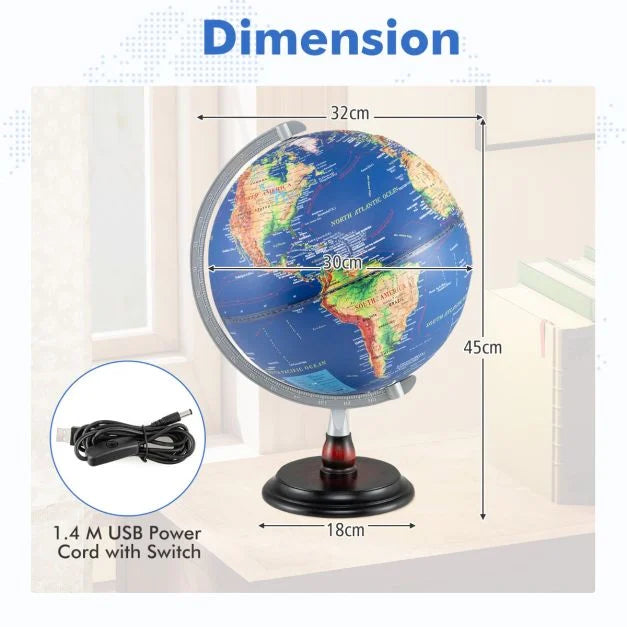 30cm Light-Up World Globe That Functions as an Illuminated Night Lamp