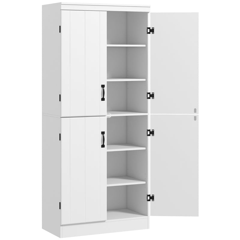 White Tall Kitchen Cupboard, 4-Door, 6-Tier Storage Cabinet