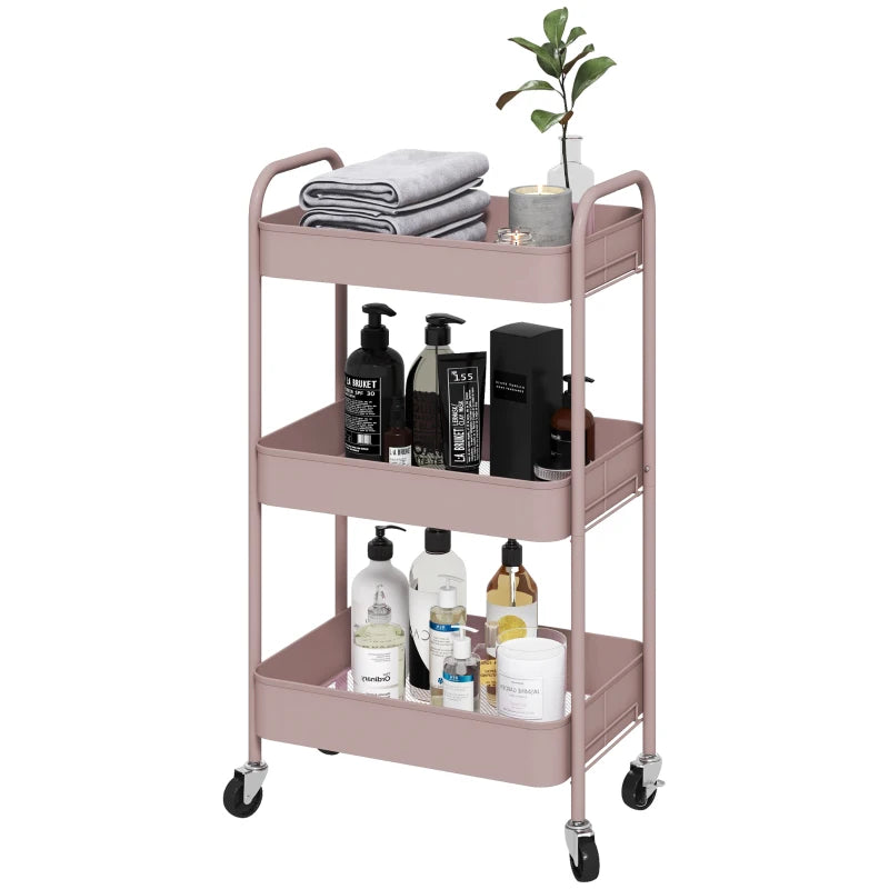 Steel 3-Tier Storage Trolley – Pink Rolling Organizer Cart