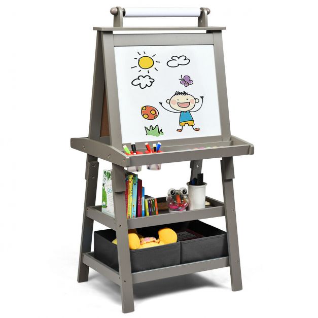 Kids Double-Sided Art Easel with Built-In Paper Roll for Creative Play