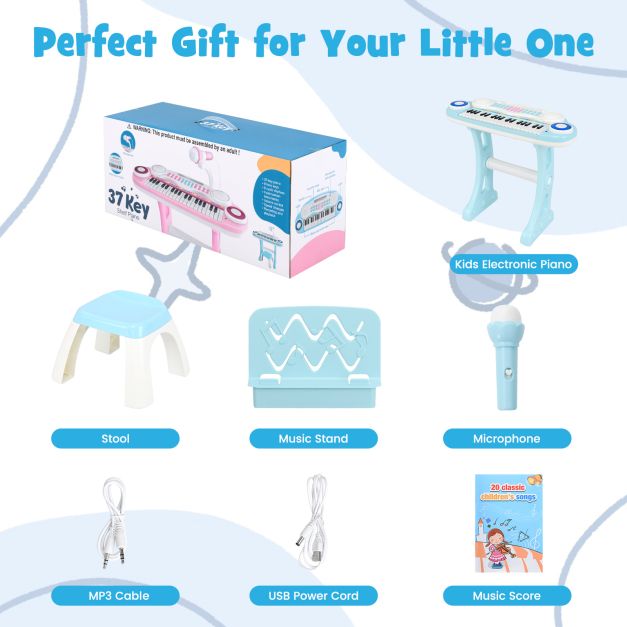 37-Key Electronic Kids Piano Toy with Detachable Legs and Matching Stool