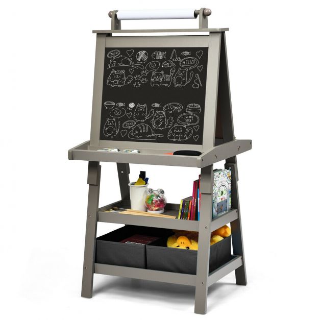 Kids Double-Sided Art Easel with Built-In Paper Roll for Creative Play
