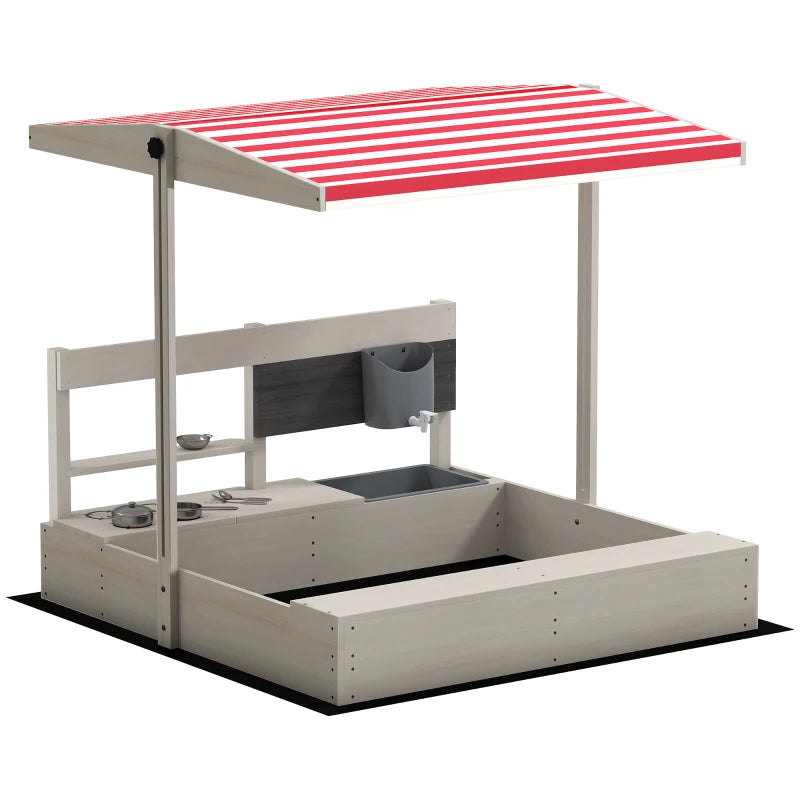 Wooden Sandbox with Canopy, Storage, Seat & Play Kitchen Toys for Ages 3 to 7