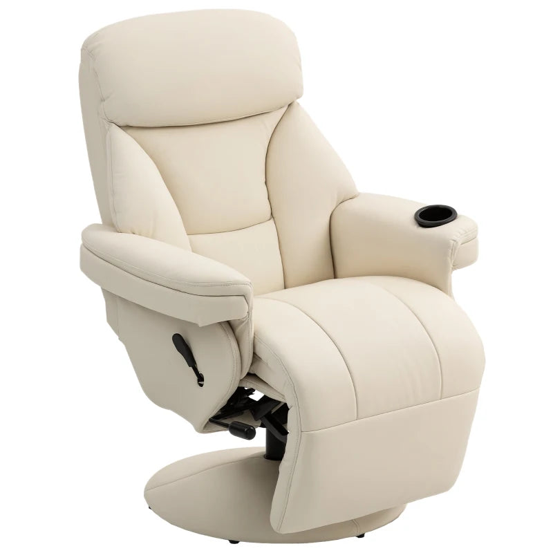 Cream PU Leather Recliner Chair with Footrest, Cup Holder & Swivel Base