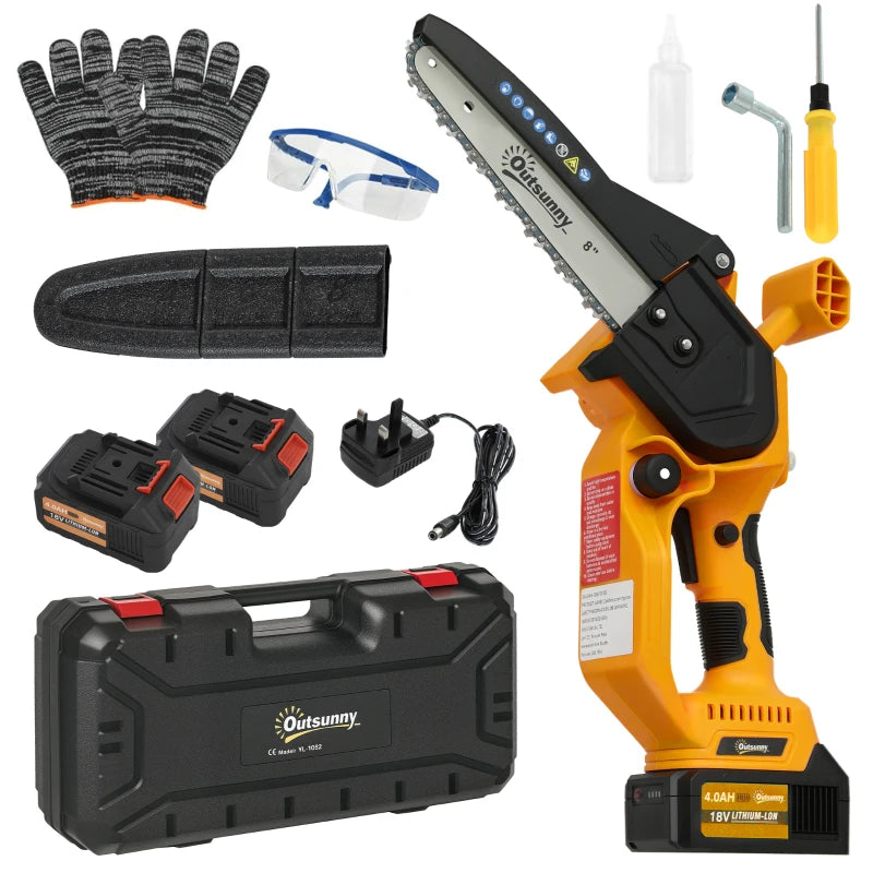 Compact Cordless Mini Chainsaw with Brushless Motor, Safety Lock & 2 Batteries for Trimming