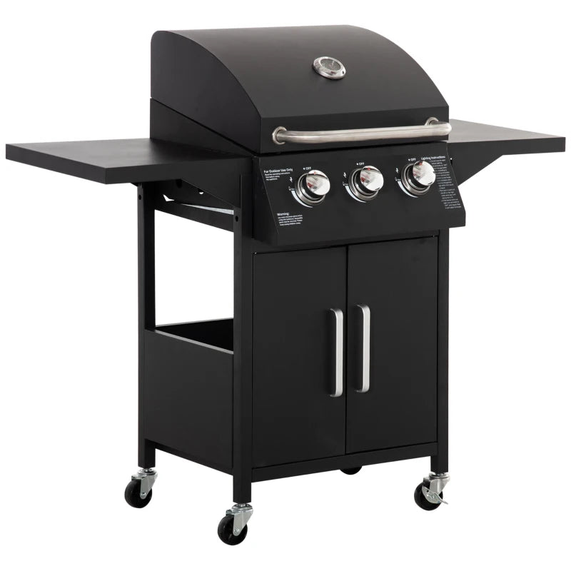 3 Burner Gas BBQ Grill with Thermometer, Side Shelves & Cabinet – Outdoor, Black Steel