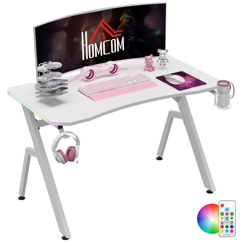 Gaming Desk with Controller Rack & LED Lights – White