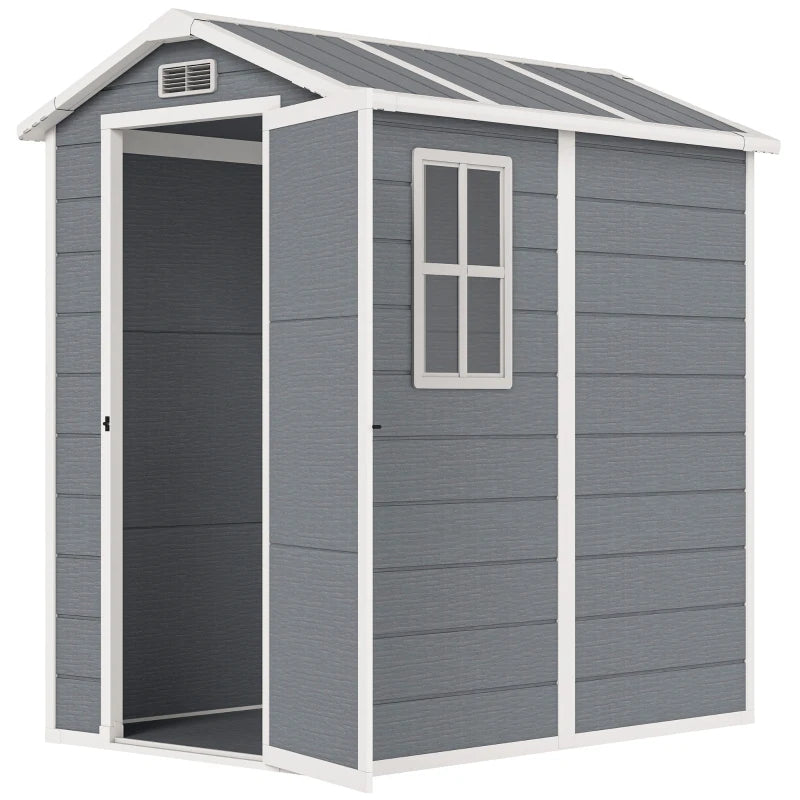 Plastic Garden Storage Shed with Floor, Window, Lockable Door & Vents, Grey, 4x6ft