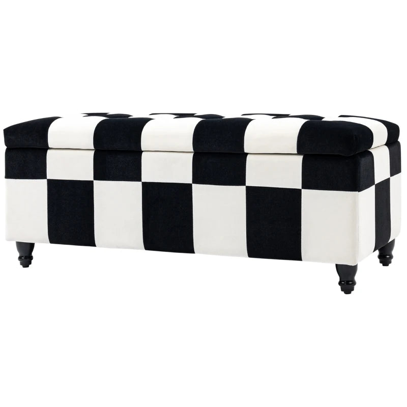 HOMCOM Large Velvet Storage Ottoman – White & Black Button-Tufted Design