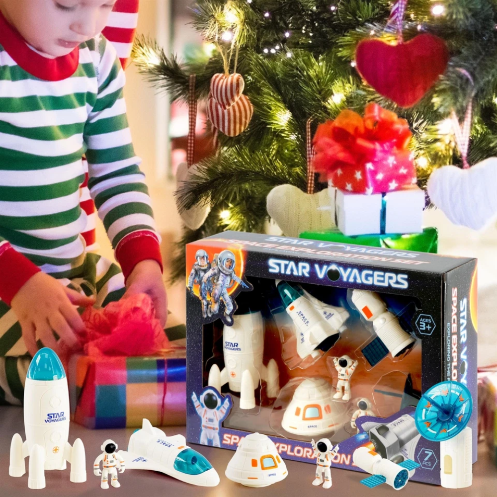 7 Pcs Space Exploration Set with 2 Astronauts Rocket & Space Shuttle Toy for Kids