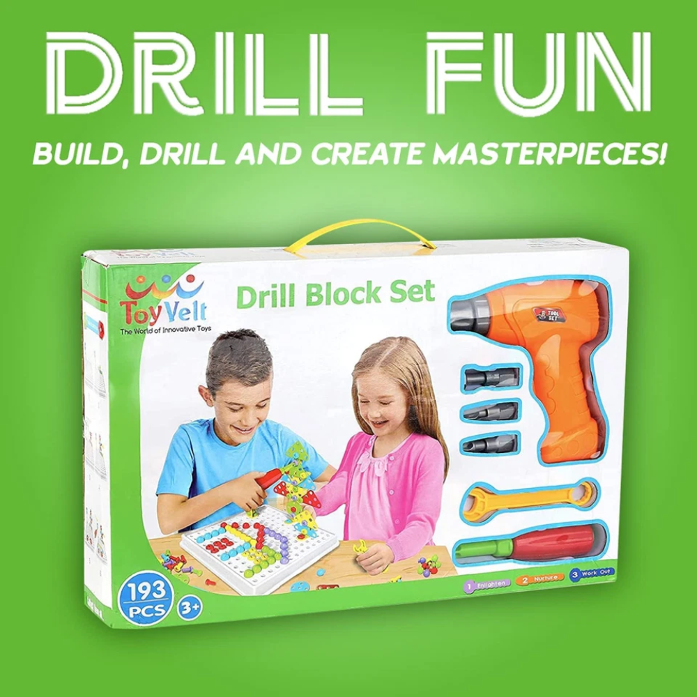 Toyvelt Creative 4-in-1 Drill Block Set 193pc STEM Building Toy Kids Ages 3+