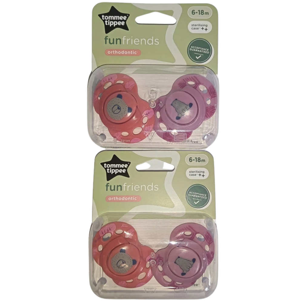 Tommee Tippee Fun Friends Baby Soothers 4 Pack 6-18 Months with Reusable Steriliser Pod