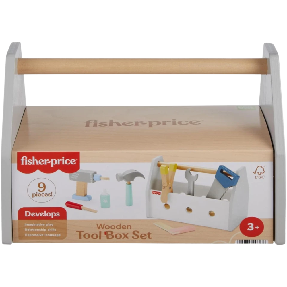 Fisher-Price Wooden Toolbox Playset 9 Piece Kids Pretend Tool Set 3+