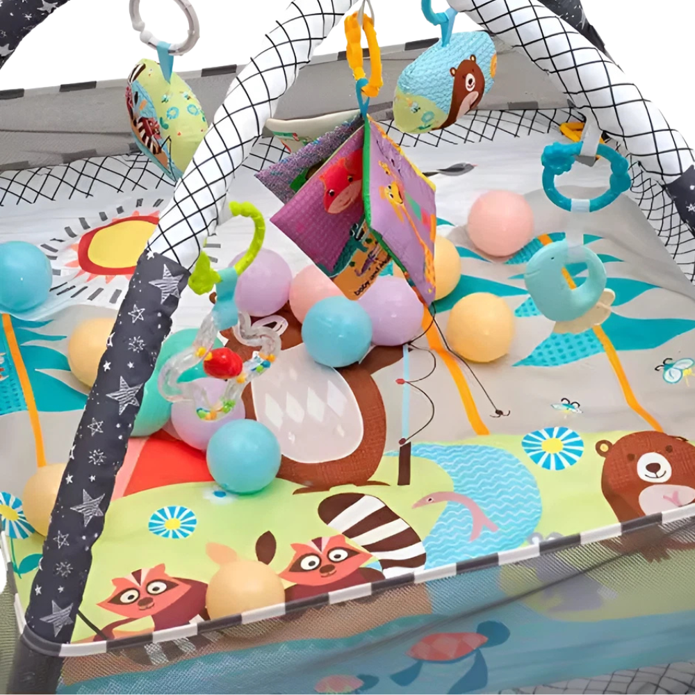 RLS Grey Baby Activity Gym Play Mat with Safety Net, 5 Hanging Toys and 18 Ocean Balls