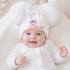 Spanish Style Princess Embroidered Baby Girls Hat, Giant Double Pom Poms, Ages 2–5 Years