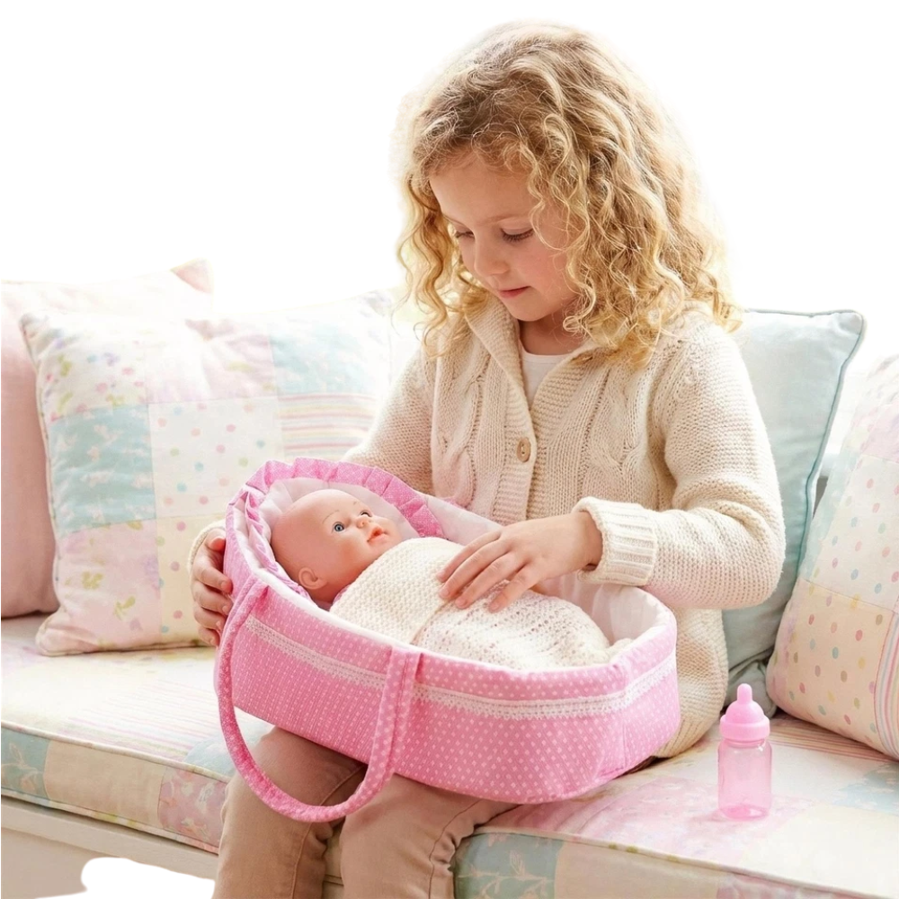 15" Baby Girl Doll with 16 Sounds, Bottle, Dummy & Carry Cot Kids Toy Set Bibi Doll Bundle