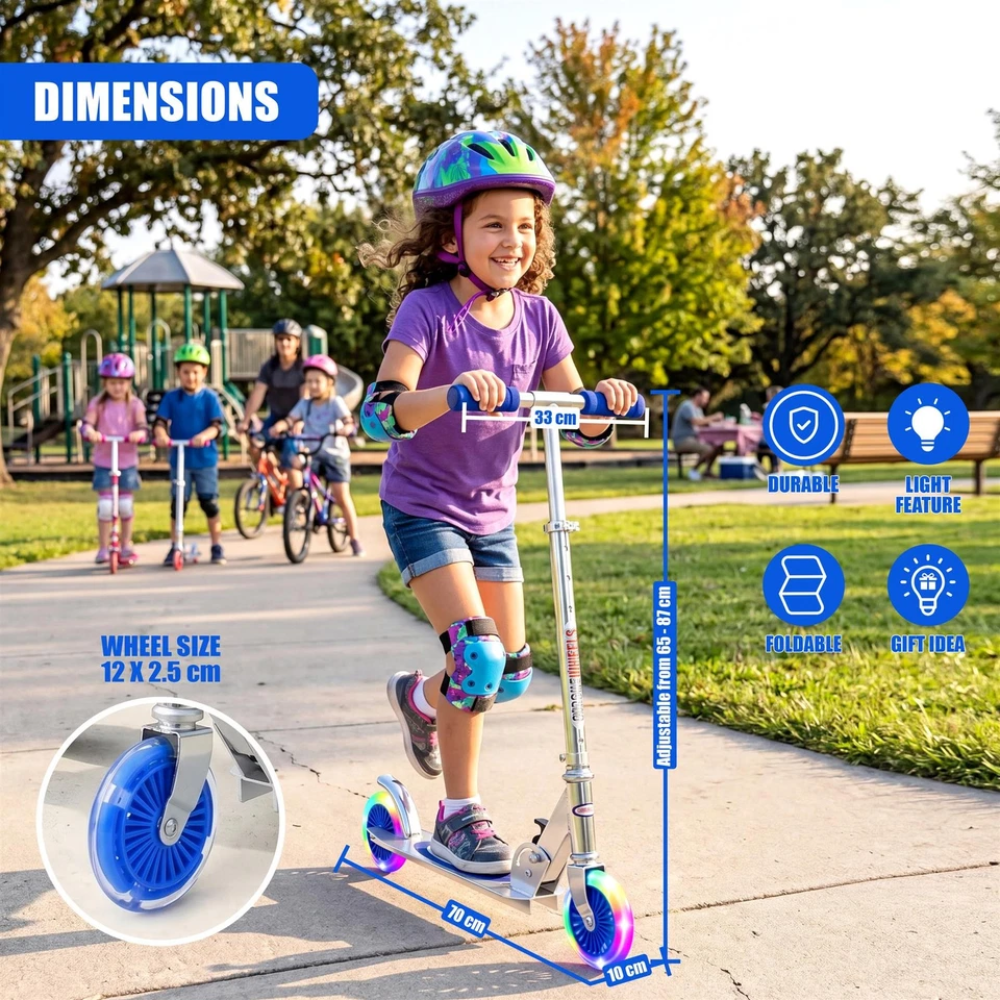 Kids Foldable Kick Scooter Blue Led Wheels Adjustable Handlebar with Carry Strap Outdoor Toy