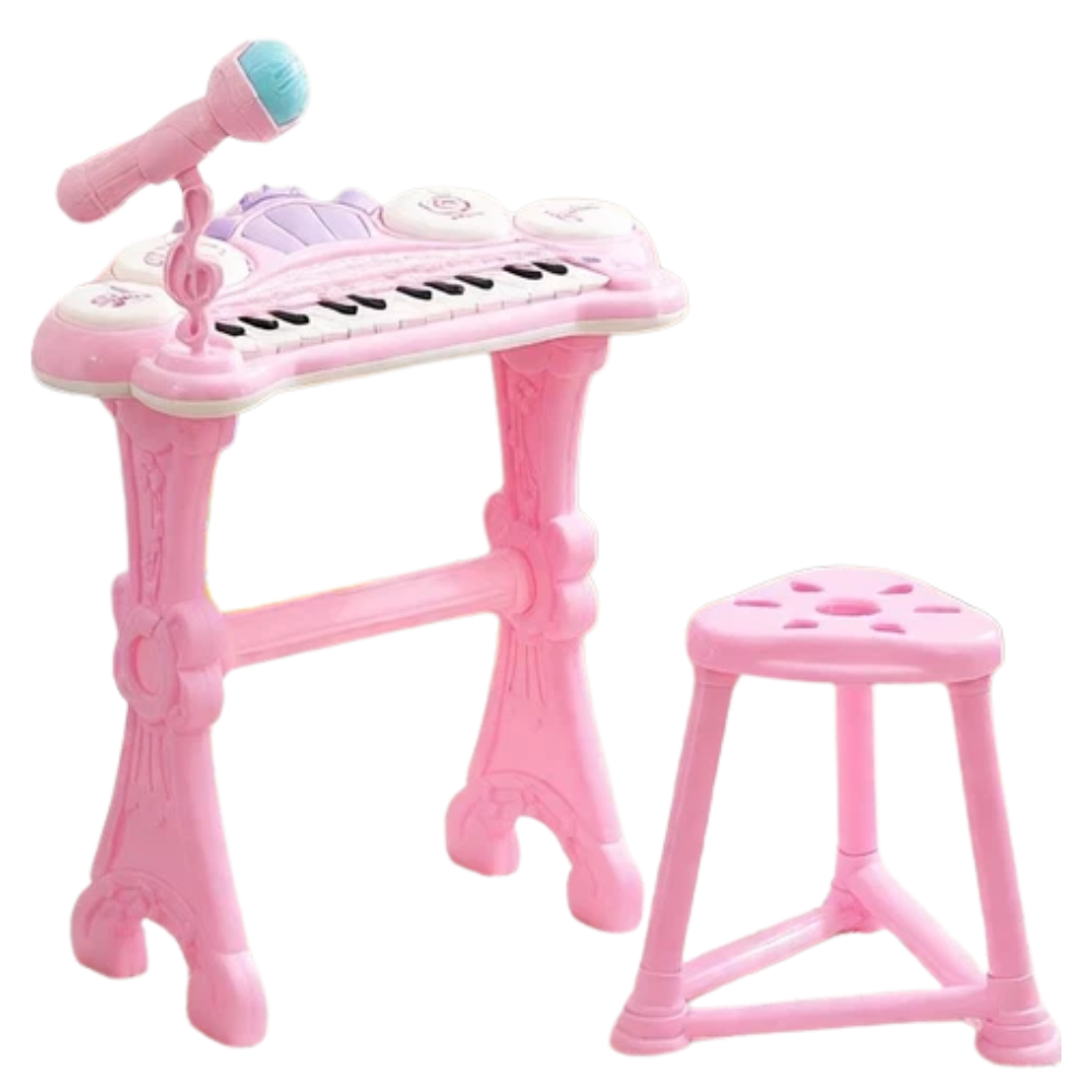 Kids Pink Piano Keyboard with Microphone Stool Record Playback Musical Toy Set 24 Key Fun