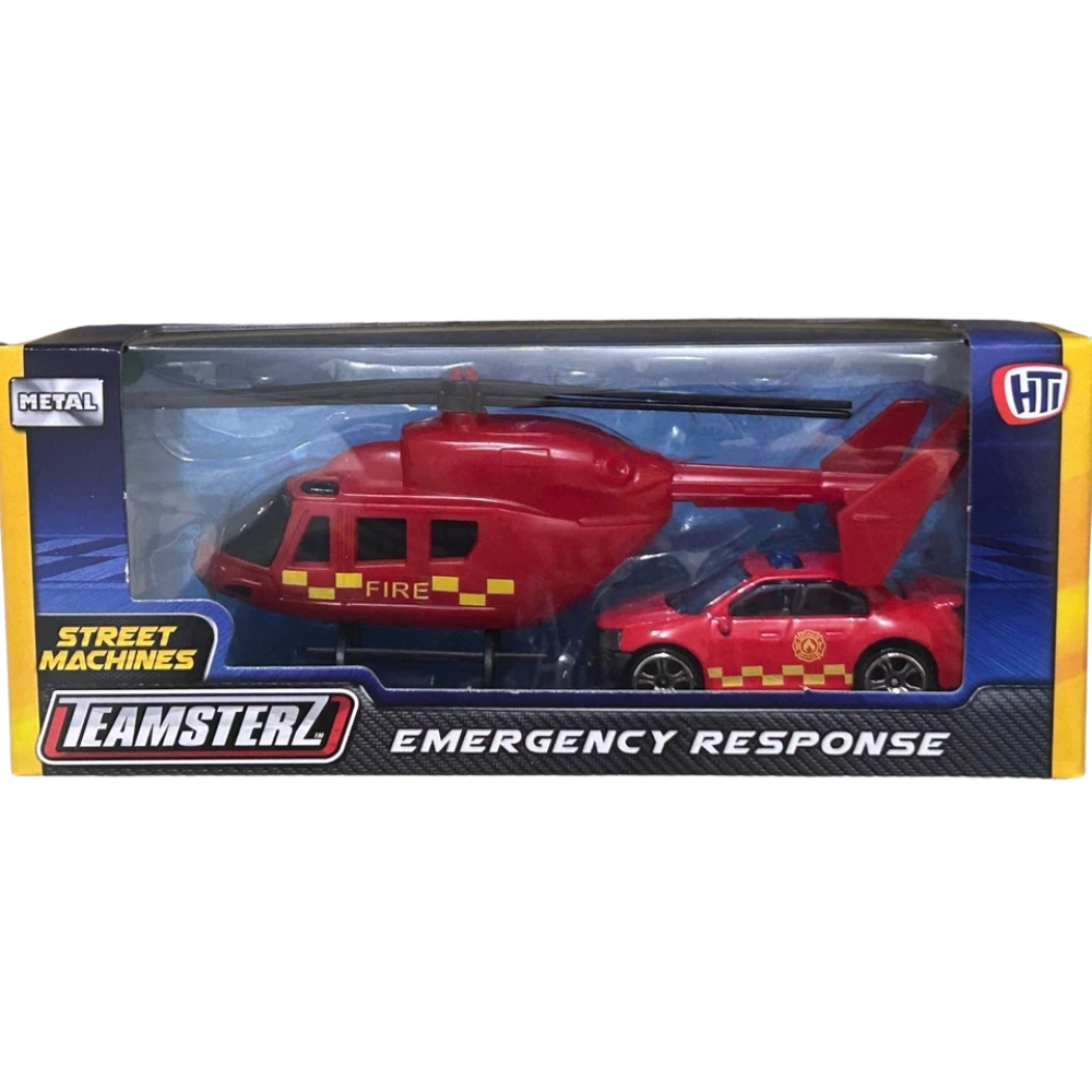 Teamsterz Rescue Fire Police Helicopter and Car Playset Diecast Toy 1:64–1:87